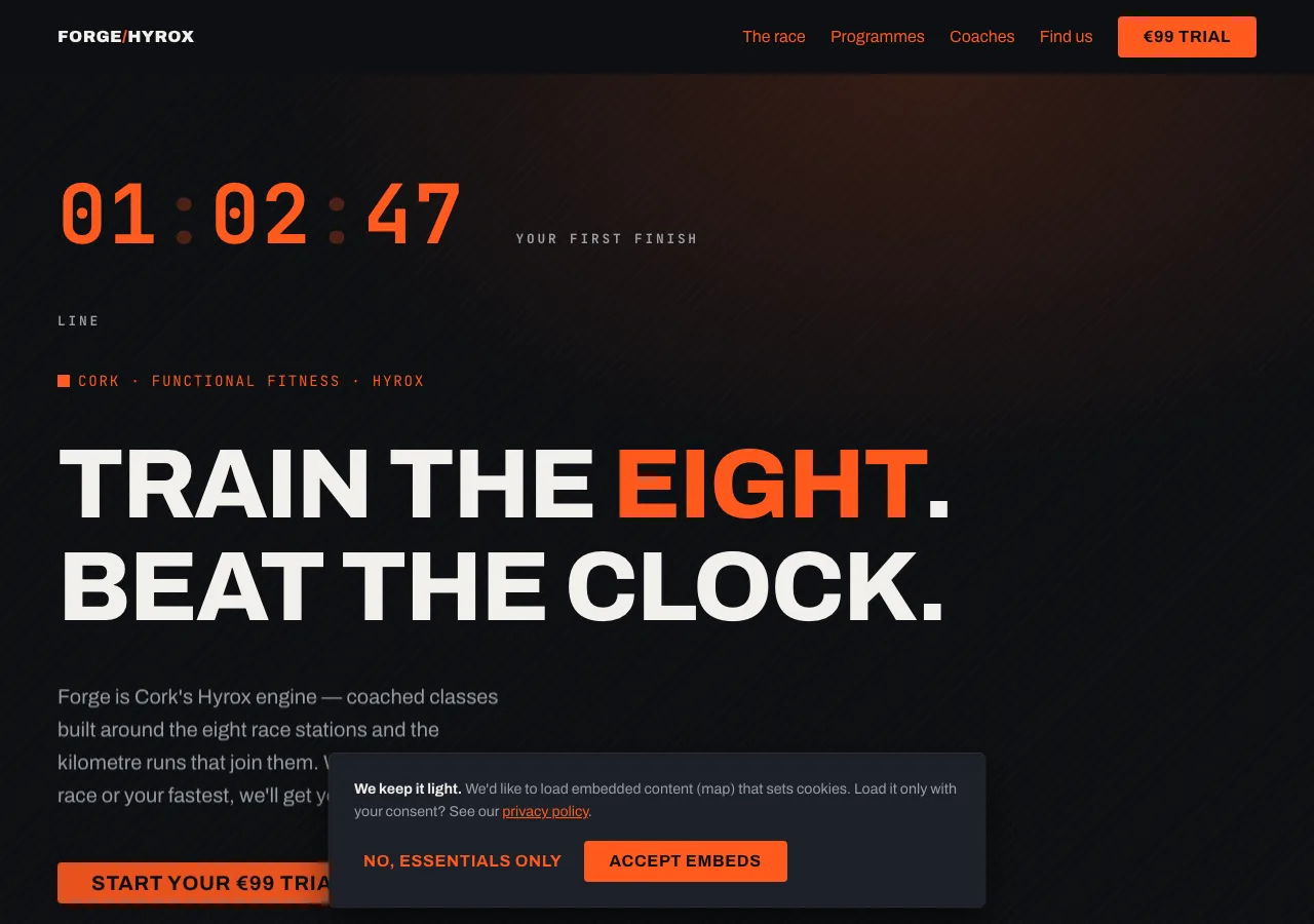 Forge Hyrox homepage — dark slate and electric yellow, bold athletic branding