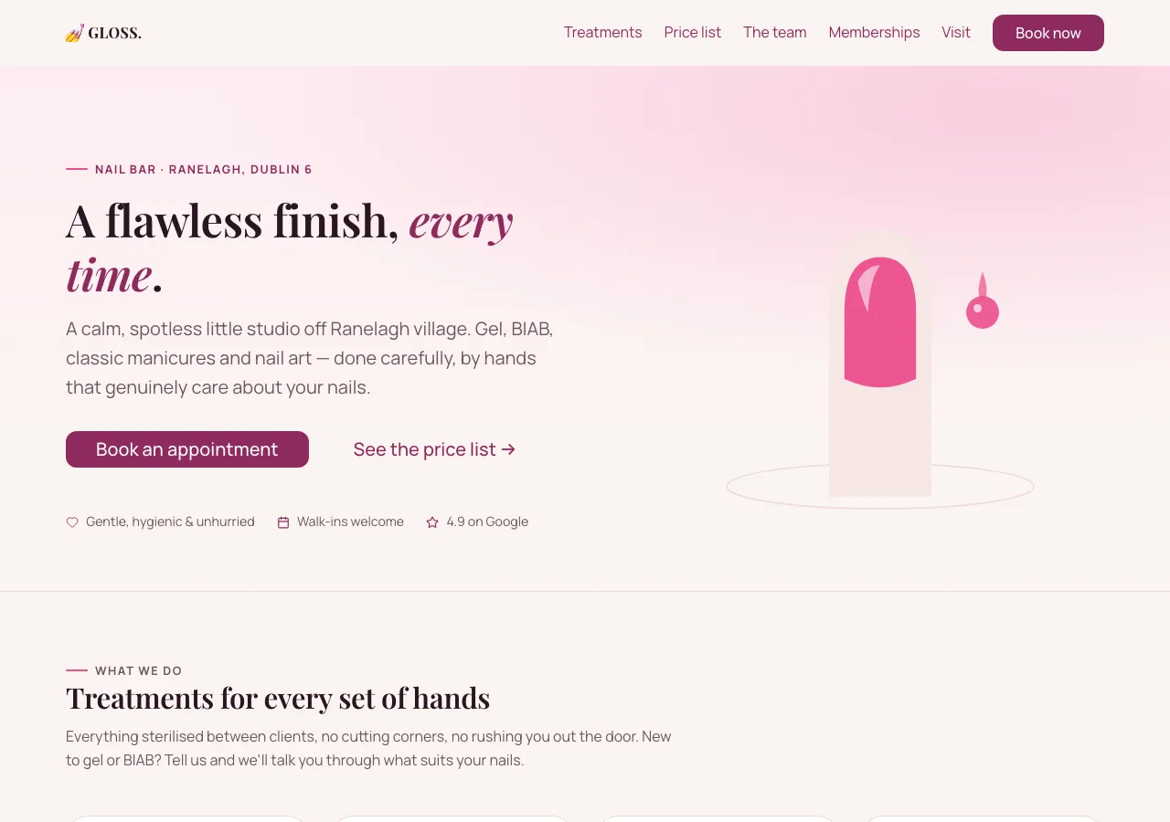 GLOSS. homepage — warm cream and dusty rose, hero reads 'A flawless finish, every time'