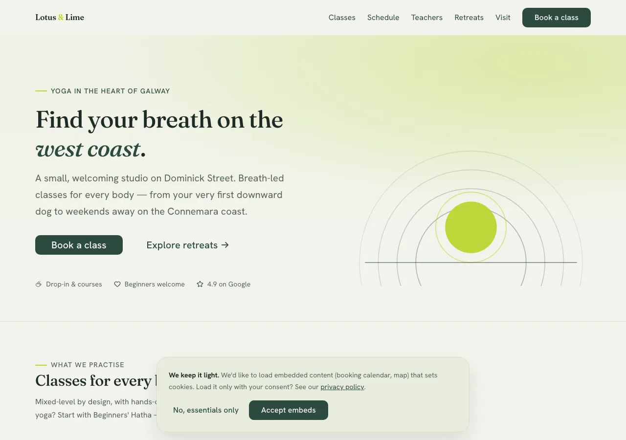 Lotus & Lime Yoga homepage — warm sage green and terracotta, calm and minimal